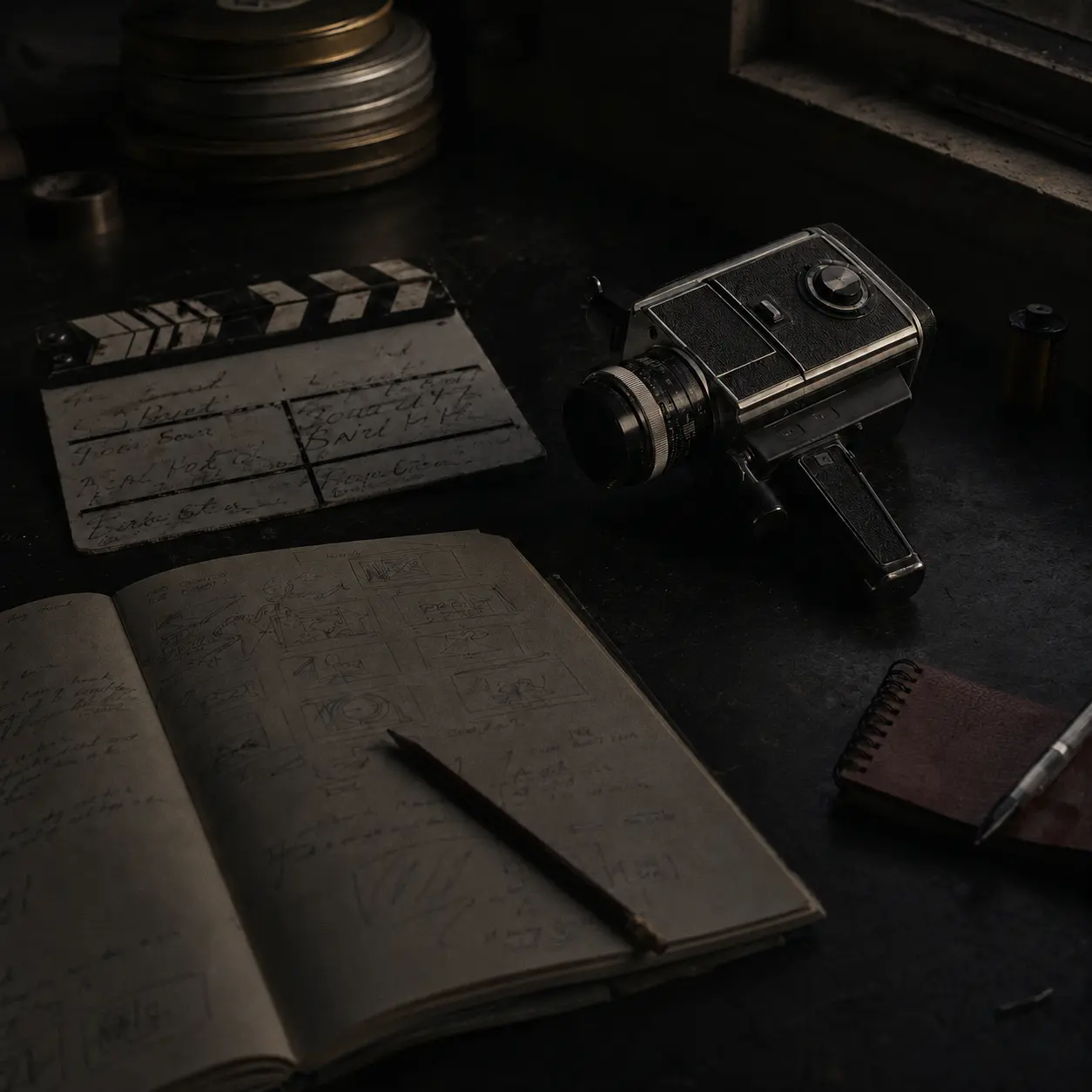 Câmera de cinema, claquete e caderno de storyboard